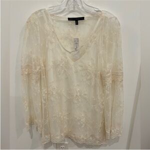 WHBM NEW Sheer Lace Mesh Ecru Top Attached Tank Embroidered Floral Womens MP